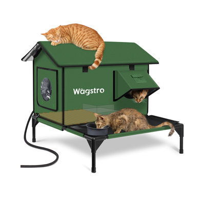 Heated Outdoor Cat House ,A-Frame Shelter With Thermal Pad, Rainproof Roof, Pet Exit Panel, Raised Rest Deck, Sustainable Build-Green