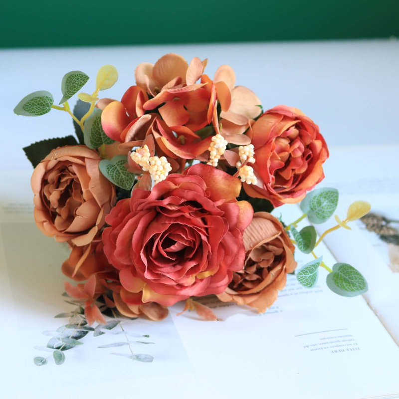 Magnifique bouquet de fleurs artificielles en soie artificielle pour la Saint-Valentin, Orange