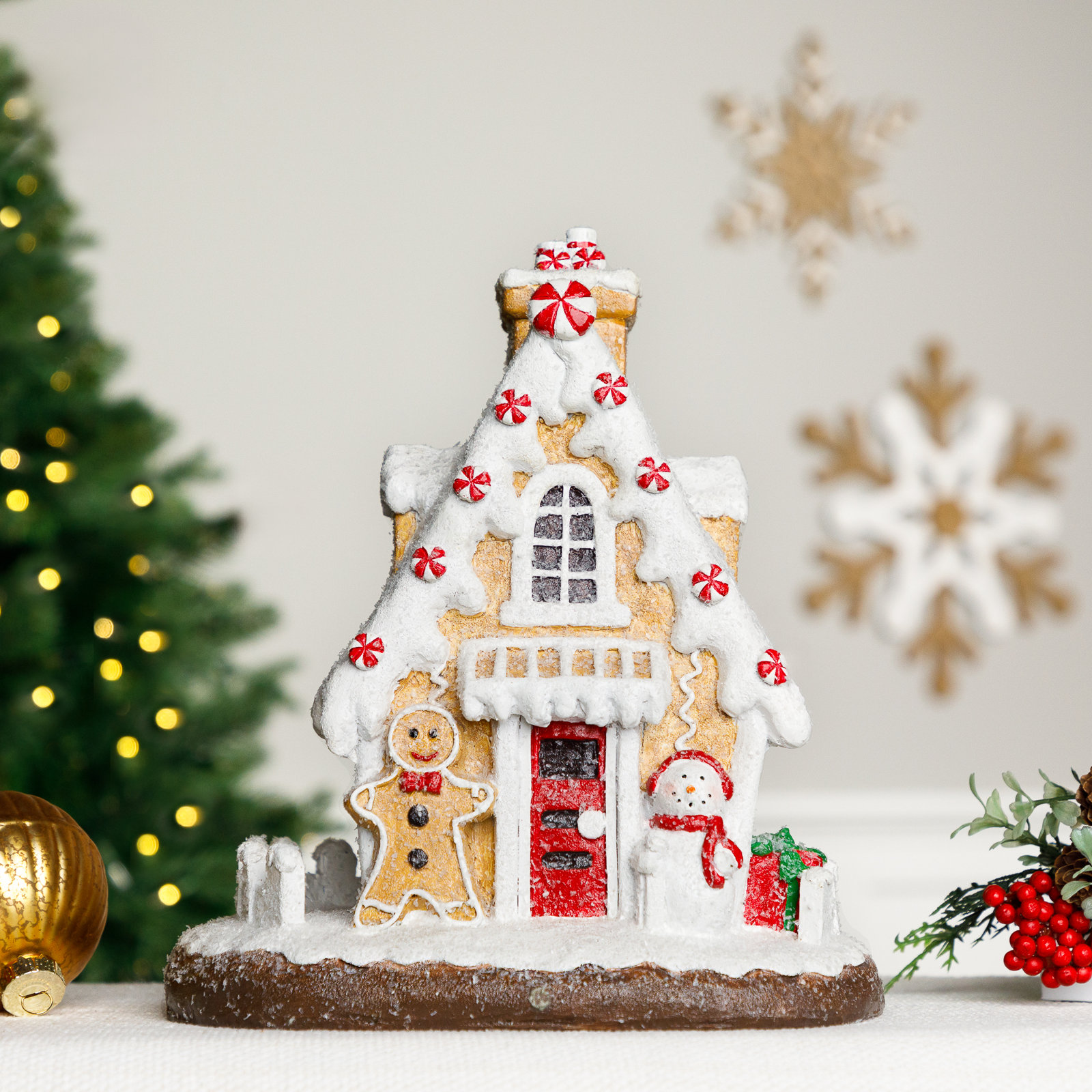 Snowy Gingerbread Peppermint House With Snowman Christmas Decoration - 11"