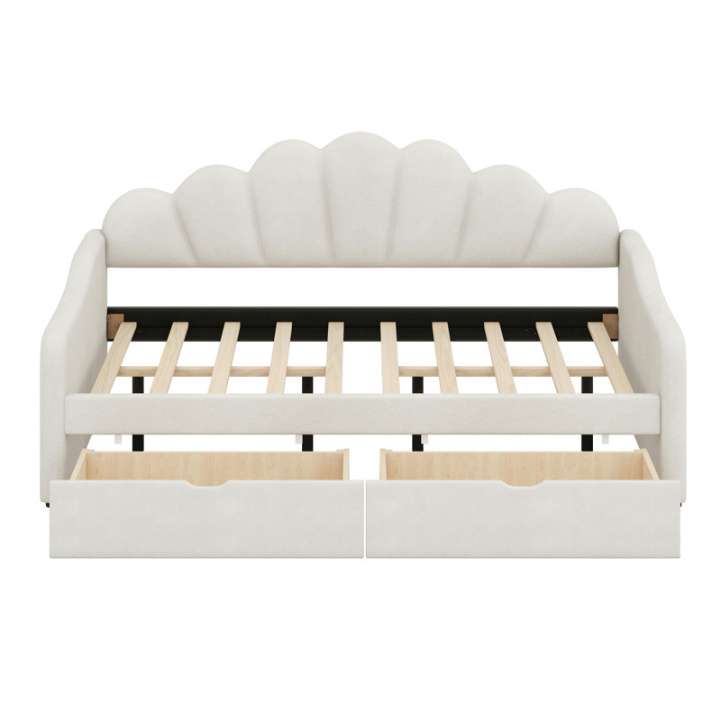 Lit de jour rembourré confortable avec dossier en coquille sculpté et rangement de tiroir fonctionnel, Beige