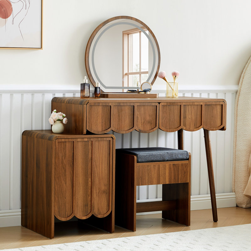 Makeup Vanity Set With Stool And Led Mirror, Walnut