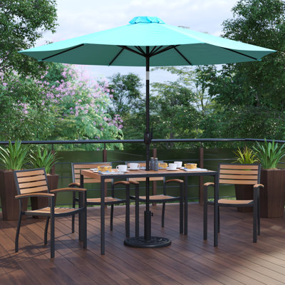 Abdikadir 30" x 48" Faux Teak Patio Table, 4 Chairs and 9FT Patio Umbrella with Base