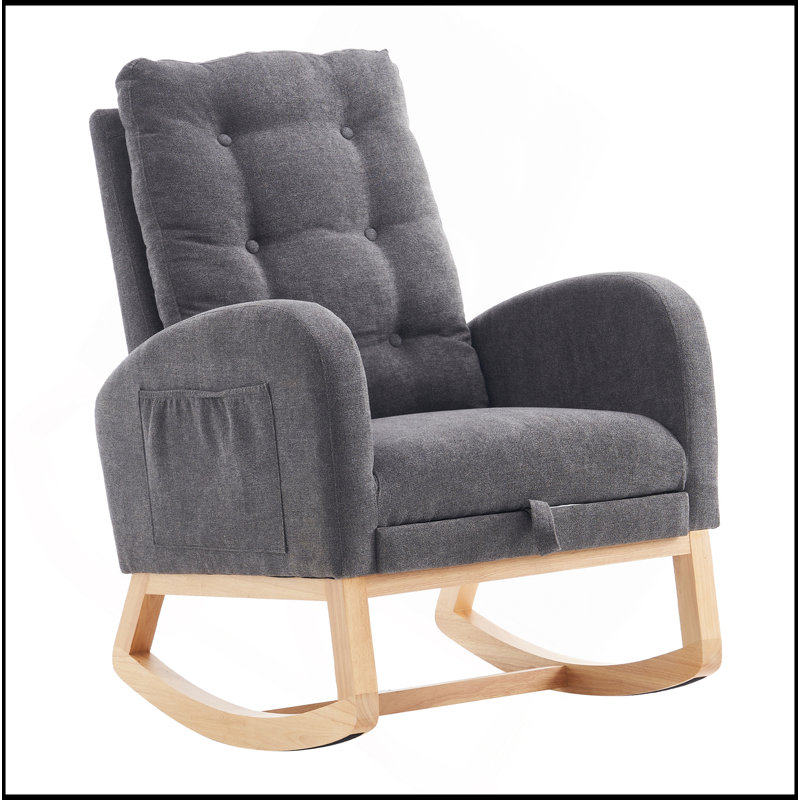 Chaise berçante d'appoint grise avec repose-pieds et pieds en bois d'hévéa à dossier haut