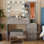 Bureau de coiffeuse avec miroir et lumières, coiffeuse de maquillage avec 5 tiroirs et organisateur de bijoux caché-2010471780