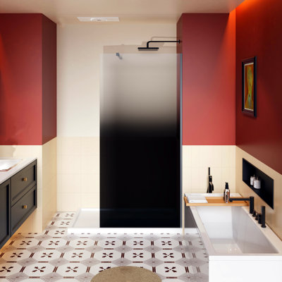 Porte de douche fixe l 34 po x H 72 po H 1/4 po en verre trempé noir dégradé convenant aux douches à l'italienne et s'harmonisant avec divers styles de décor de salle de bain moderne noir