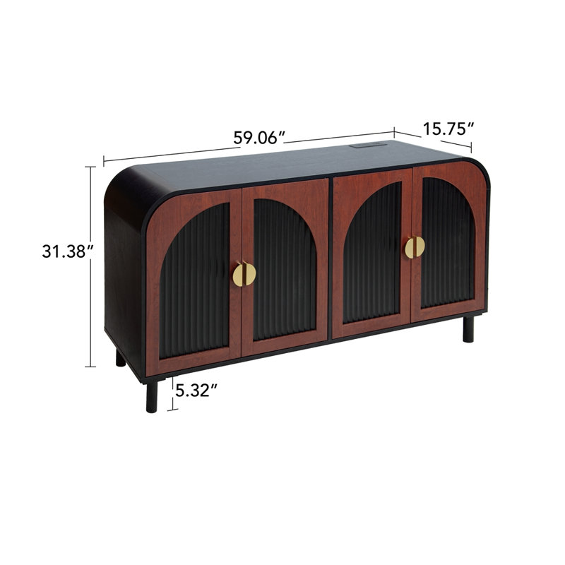 Buffet rétro arqué avec poignée demi-lune dorée, armoire de rangement en panneau de fibres à densité moyenne avec tablettes réglables et pied central en bois massif, armoire à 4 portes pour la salle à manger, le vestibule et le salon