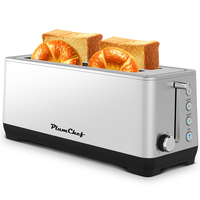 1500W 4-Slice Stainless Steel Toaster - Extra Wide Long Slot , 6 Browning Settings, Bagel/Defrost/Reheat Functions, Removable Crumb Tray, Silver