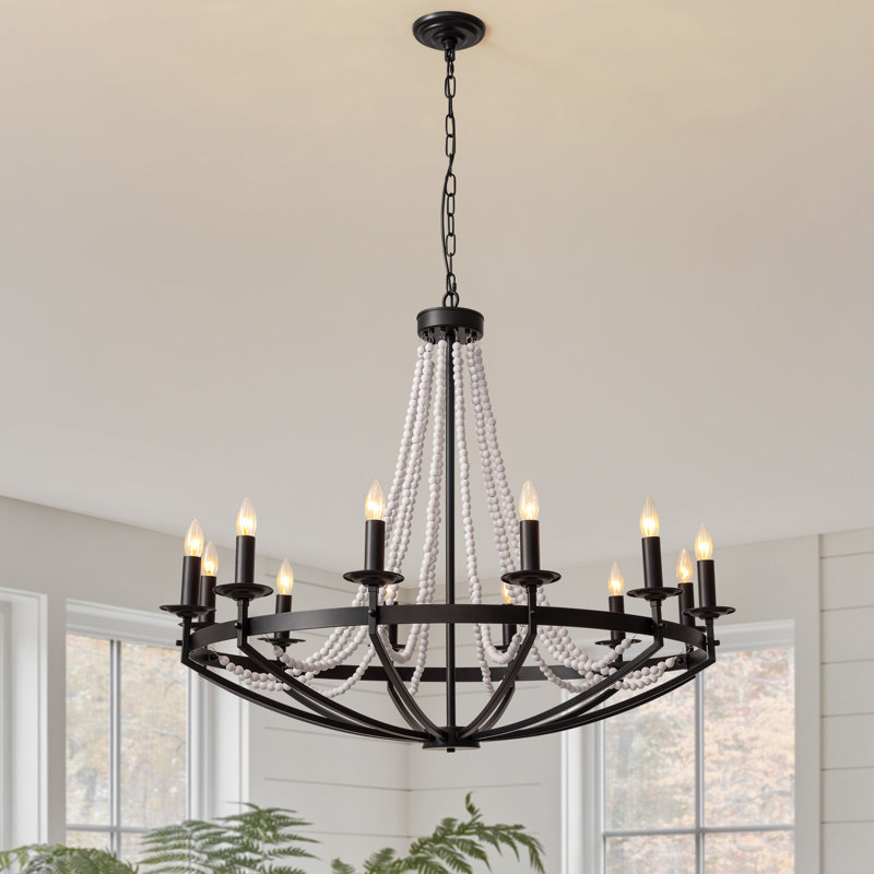  40" 12 - Light Candle Style Dimmable Wagon Wheel Chandelier, Matte Black