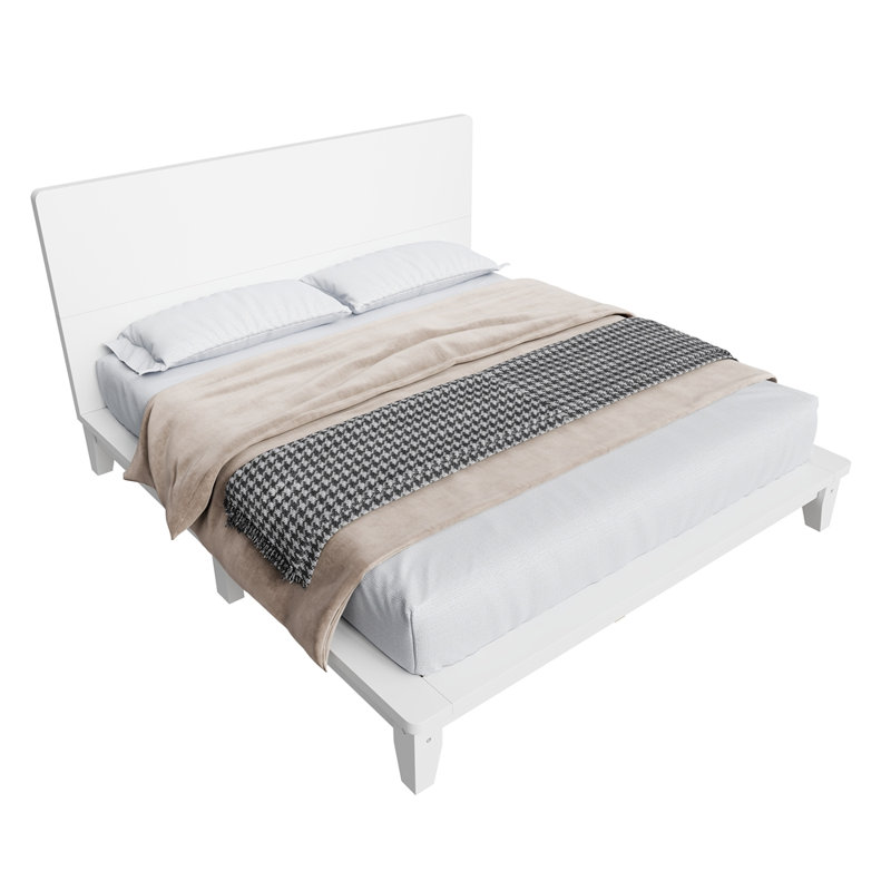 Base de lit plateforme avec tête de lit, support en lattes de bois, Lit double, Blanc