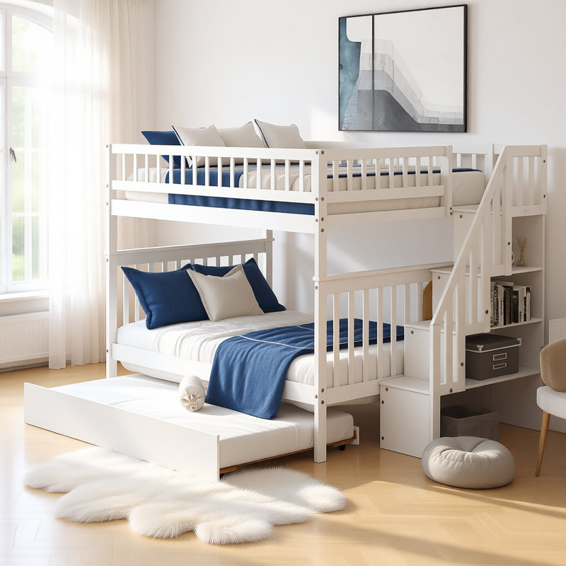 Lit superposé double au-dessus de double avec lit gigogne et escalier, conception convertible 3 en 1 en bois massif avec tablettes de rangement intégrées et garde-corps de sécurité