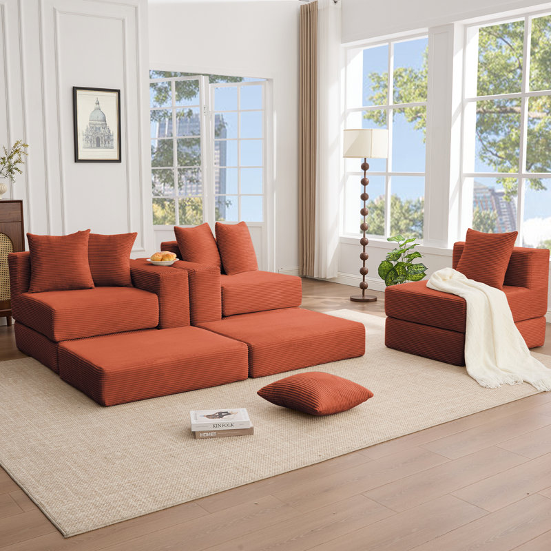 Canapé modulaire convertible 10-en-1 en velours côtelé, canapé d'angle et canapé-lit, poche latérale, sans assemblage, conception modulaire en forme de L, 6 coussins, orange