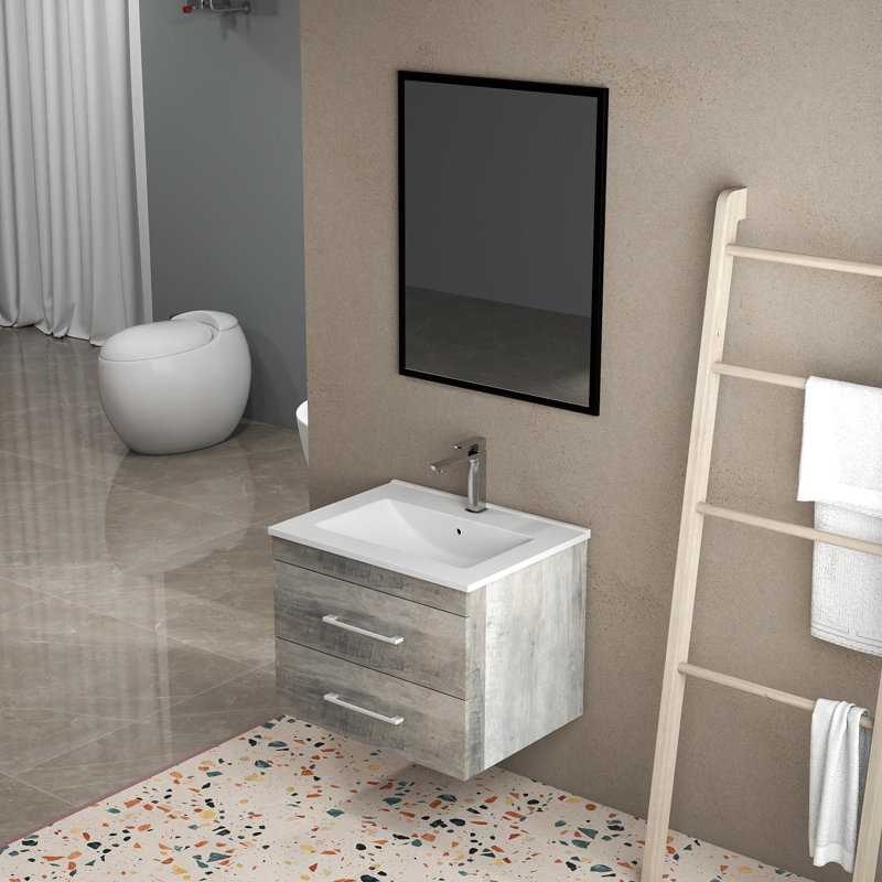 Meuble-lavabo mural 24 po à grain de bois gris avec tiroirs doubles, système de fermeture en douceur, lavabo en céramique blanche et miroir en aluminium noir - créez un espace de salle de bain moderne et minimaliste! Gris