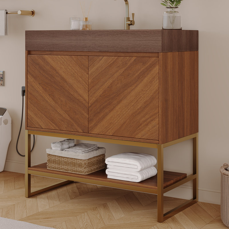 29.9" Modern Freestanding Bathroom Vanity With Ceramic Sink, Cabint & Open Shelf, Soft-Close Doors For Small Bathrooms