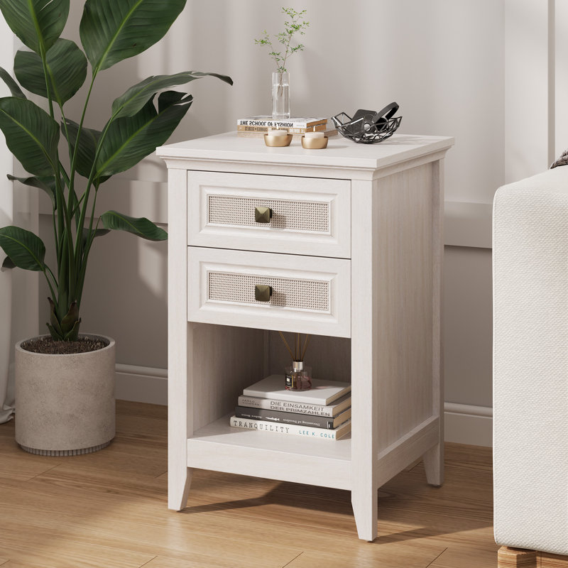 Table de chevet en rotin naturel l 17,7 po avec 2 tiroirs