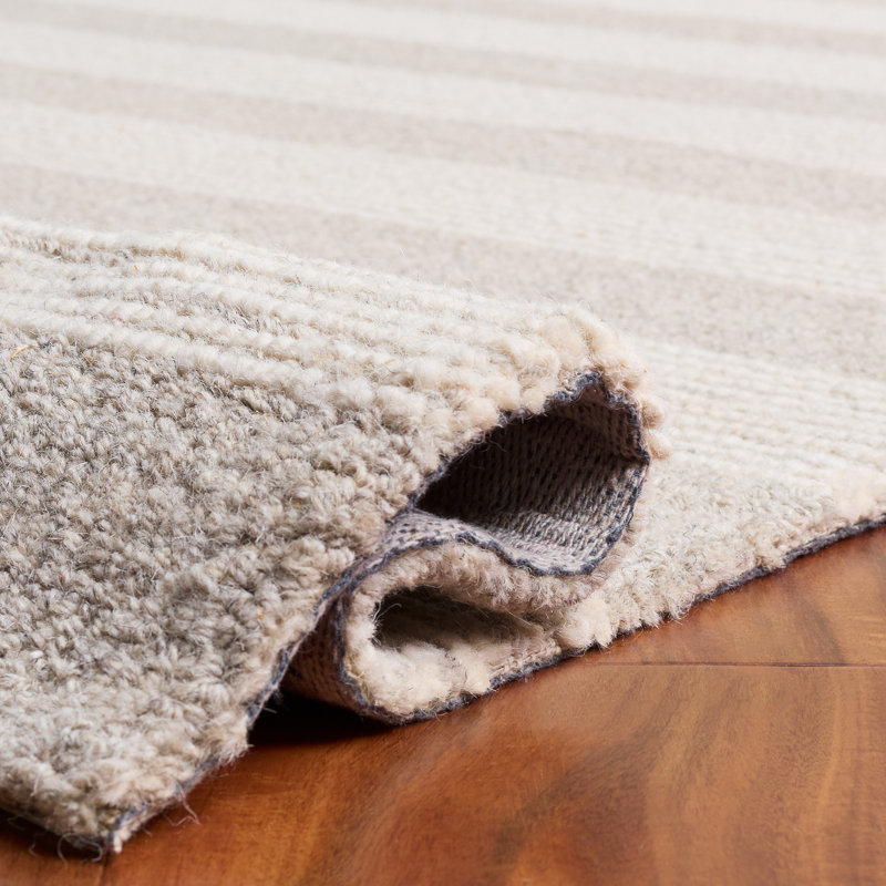 Laine de pin touffetée à la main 801 Coton Tapis rayé en latex beige / ivoire, Rectangle 8 pi x 10 pi
