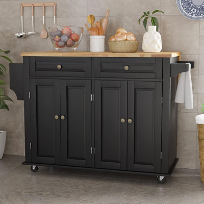 Rolling Kitchen Island With Drop Leaf, Movable Kitchen Carts On Wheels Island With Storage Cabinet, Island Table For Kitchen With Rubber Wood Top And by George Oliver