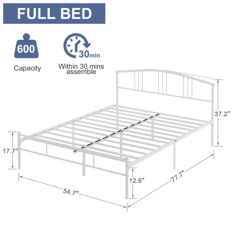 Base de lit double avec base de lit en métal avec tête de lit et pied de lit, sommier, aucun sommier nécessaire, Complète