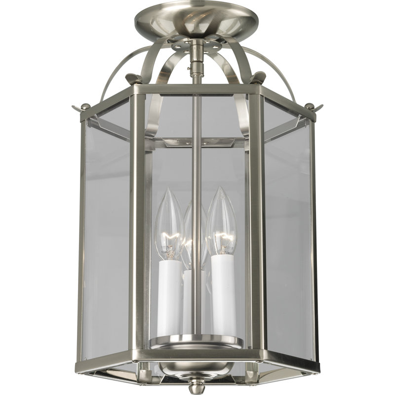 Luminaire suspendu géométrique 3 lumières lanterne Littlefield, Nickel brossé