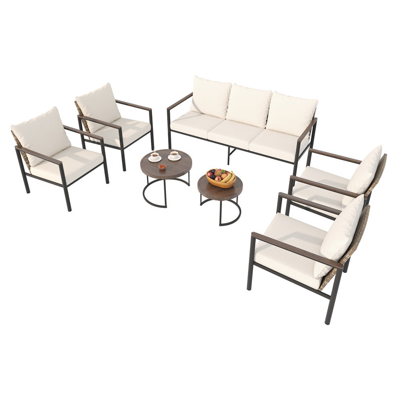 7-piece Outdoor Patio Conversation Set With Cushions, Powder-coated Aluminum Frame, Wood-grain Arms & Coffee Tables, Beige