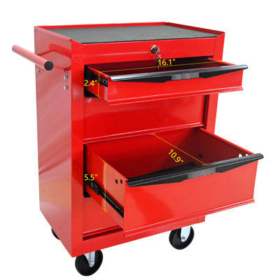 Coffre à outils 20 po à 4 tiroirs, armoire à roulettes avec roues universelles, rouge et noir, glissière à roulement pour tiroirs en acier à mouvement, poignée à tirer d'un côté, roues avec freins