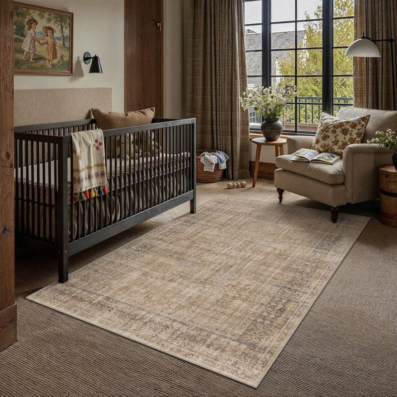 Tapis lavable rétro pour salon Ezra, Brun, Rectangulaire 3 pi x 5 pi