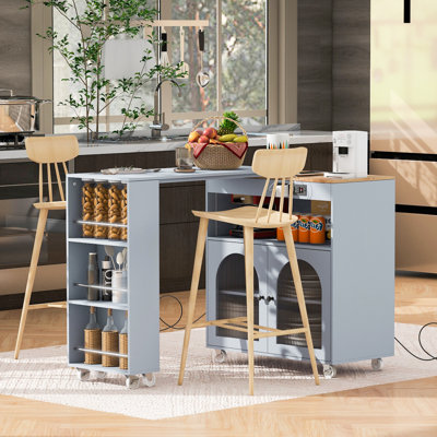 K&K Rolling Kitchen Island With Extended Table, Kitchen Island On Wheels With LED Lights,Power Outlets And 2 Fluted Glass Doors, Kitchen Island With A Storage Compartment And Side 3 Open Shelves