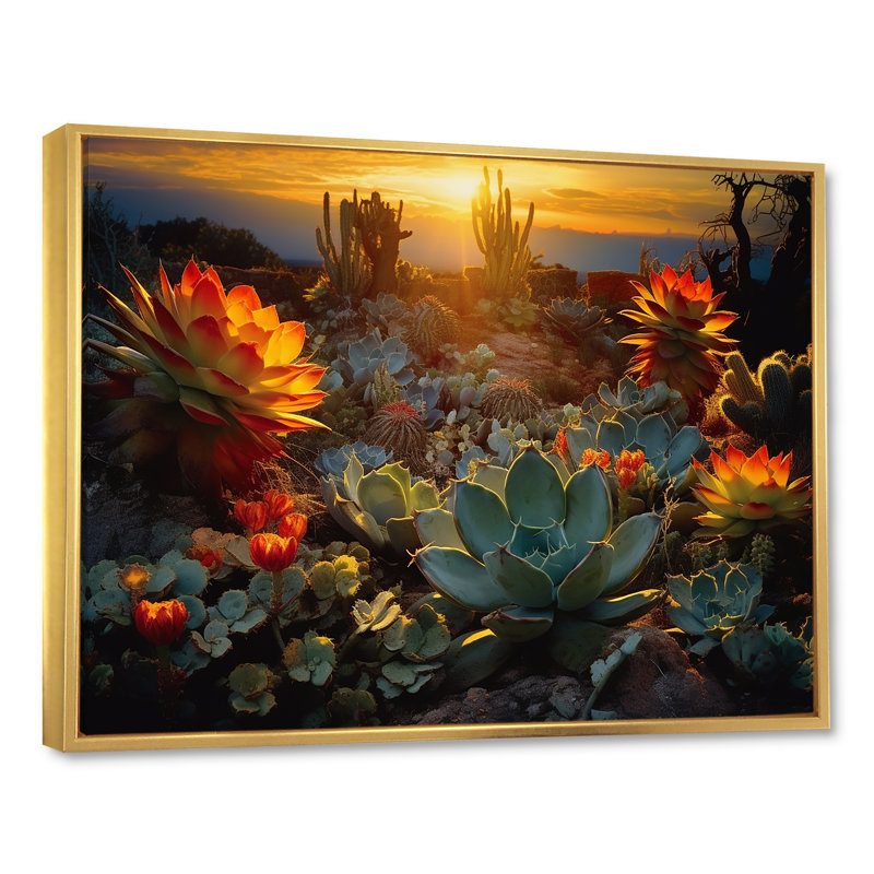 Succulent Desert Cactus Field Burning Sunset - Succulent Wall Art, H 34 po x l 44 po, Reproduction avec cadre flottant, Doré