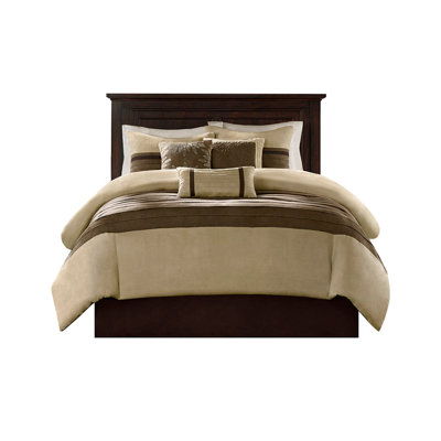 7 PC Pieced Faux Suede Comforter Set Natural King