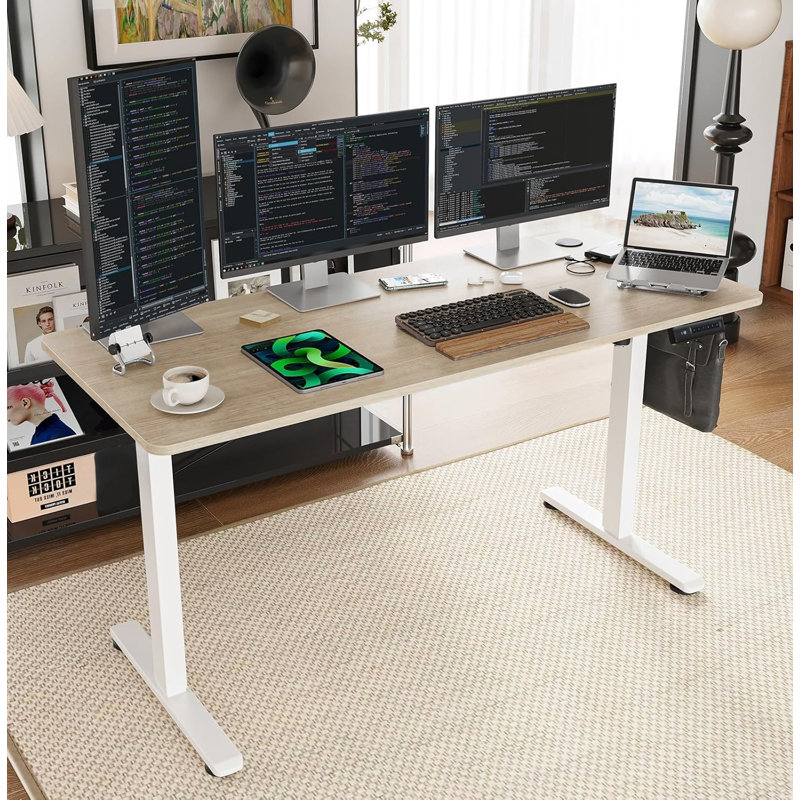 Electric Height Adjustable Standing Desk With 4 Lockable Casters, Hook, Big Mouse Pad, Oak, 55" W x 24" D
