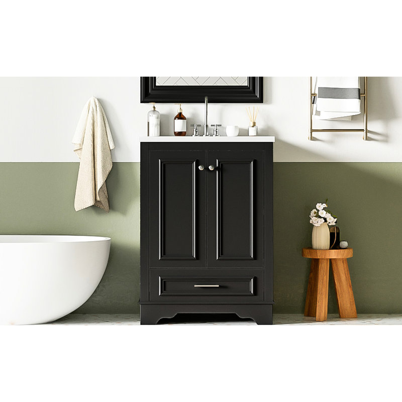 Meuble-lavabo de 24 po en céramique - apparence moderne noire, armoire, poignée argentée, rangement fonctionnel, tablette réglable, avec portes autoportantes à fermeture en douceur, poignées