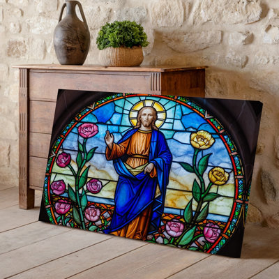 Toile, création d'une œuvre d'art en verre coloré représentant une figure sereine avec de longs cheveux qui coulent et une barbe bien entretenue