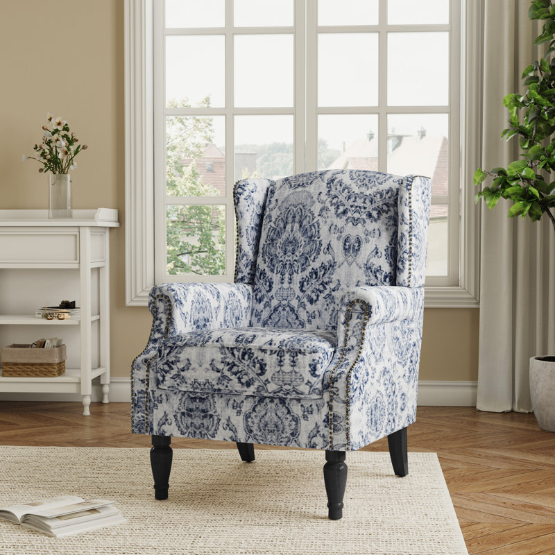 Upholstered Accent Chair, Damask Navy Polyester/Walnut