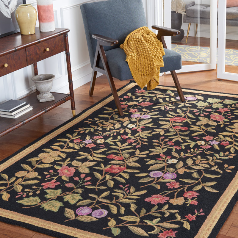 Kinchen Floral Hand-Hooked Wool Black Area Rug, Rectangle 5'3" x 8'3"