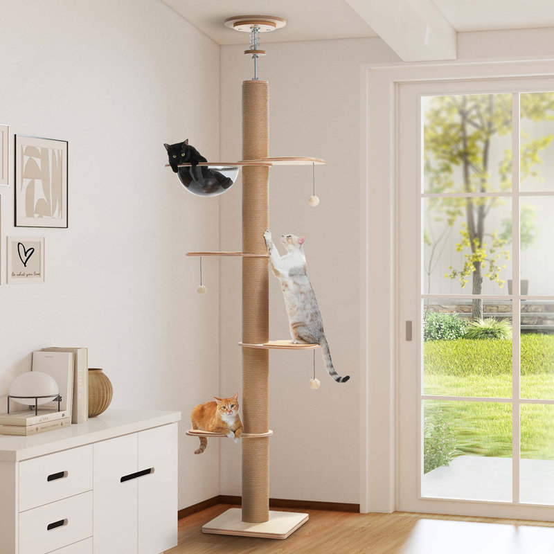 Arbre à chat en bois beige à hauteur ajustable (79 à 103 pouces)