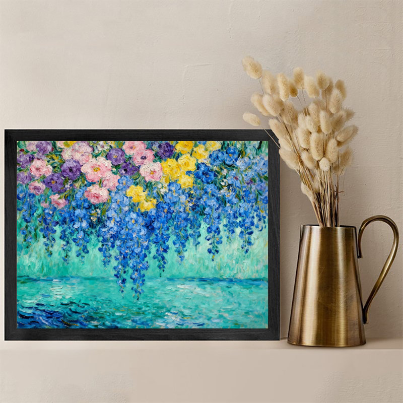 Reproduction d'art encadré noir avec fleurs colorées rétro sur la surface du lac, H 9 po x l 11 po