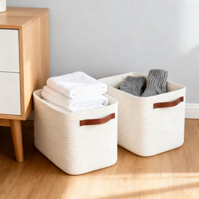 3-Pack Handwoven Storage Baskets With Handles, Collapsible Fabric Cube Organizer Bins For Shelves, Closet, Pantry, Living Room, And Home Decor