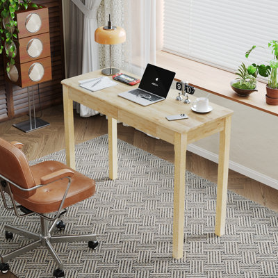 Solid Wood Desk With Drawers - 16 Inch Vintage Narrow Desks, Mid Century Modern Desks, Rubber Wood Study Table, Small Writing Desk For Bedroom|small Spaces