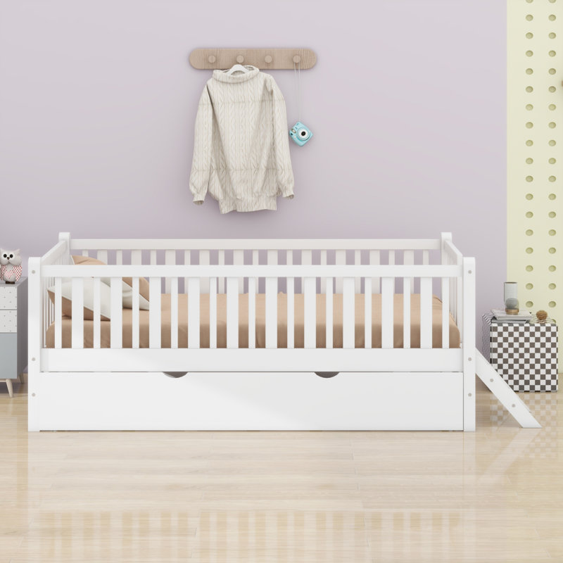 Lit plateforme robuste avec garde-corps et lit gigogne pratique, Blanc