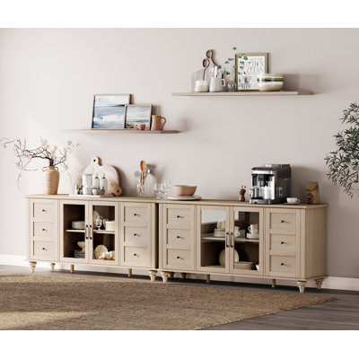 2-In-1 Sideboard Buffet Cabinets With Glass Door, Kitchen Storage Cabinets, Wood Coffee Bar Tables, Light Beige
