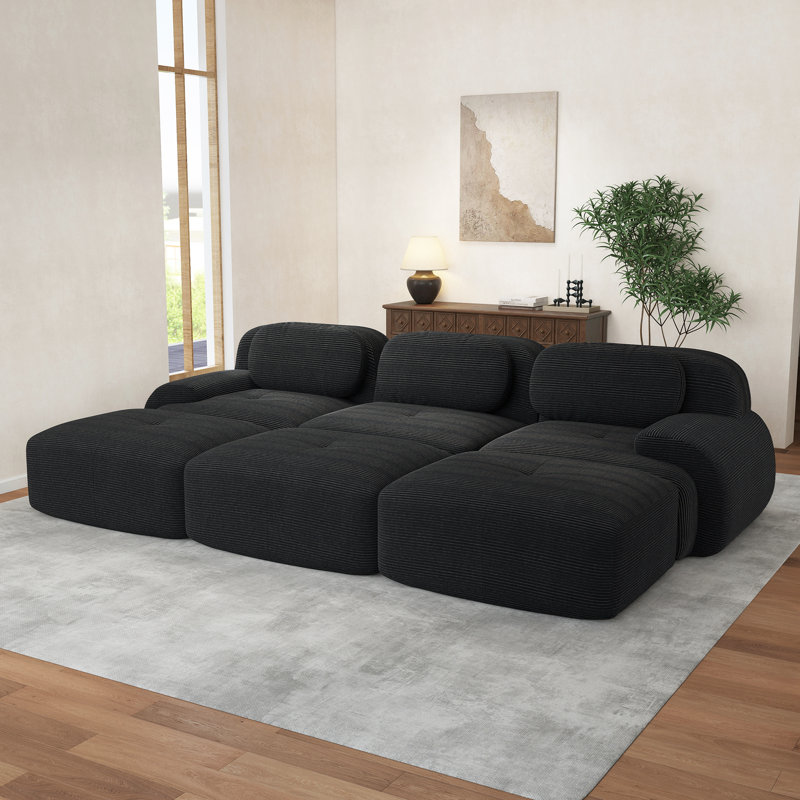 Canapé modulaire à trois places avec 3 repose-pieds en velours côtelé 32D, Velours côtelé noir