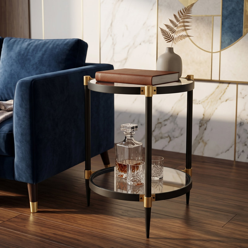 21" Round Glass End Table, 2-Tier Mid-Century Modern Side Table with Matte Black & Glossy Gold Frame, Tempered Glass Nightstand for Living Room and Bedroom