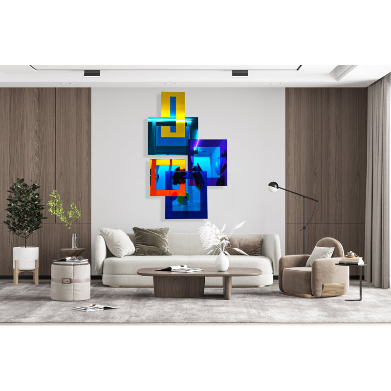 Miroir géométrique bleu, art mural contemporain