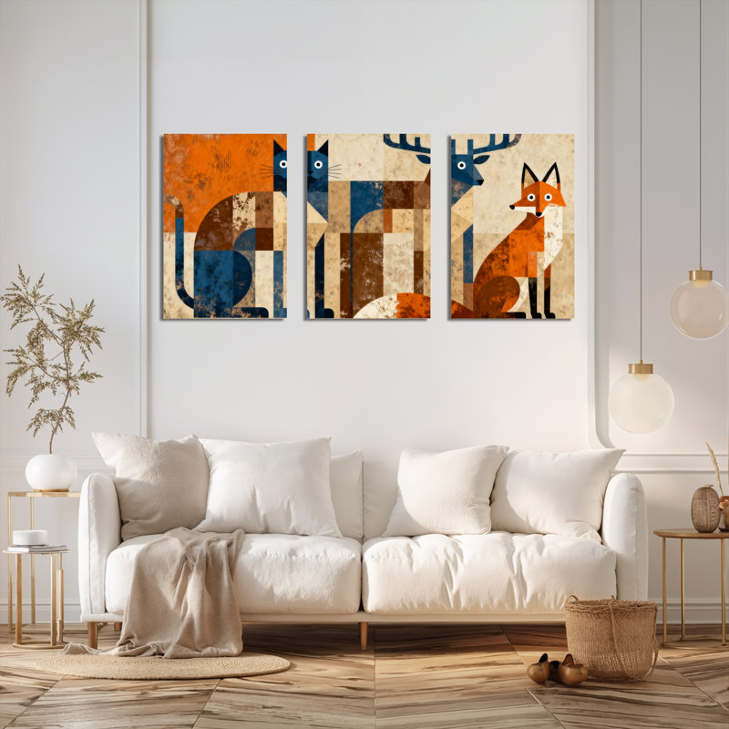 Tableau abstrait d'animaux de la forêt sur toile tendue (lot de 3), H 18 po x l 36 po
