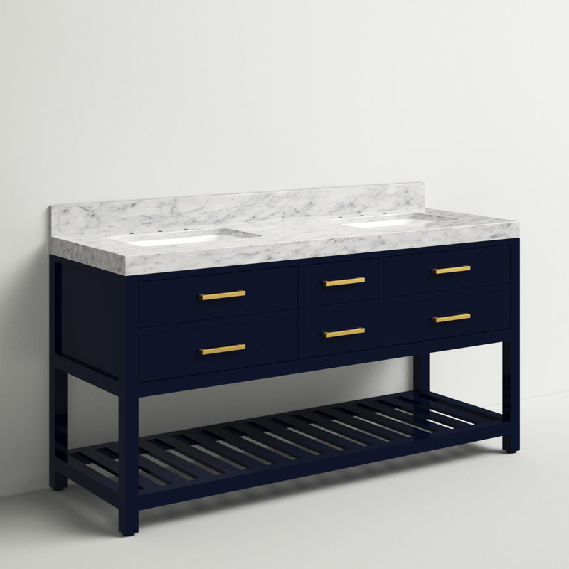 Ensemble de meuble-lavabo double 60 po Carrie, Bleu héritage / or brossé, Marbre blanc de Carrare