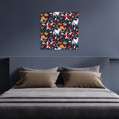 Alice In Wonderland Colorful Vibrant Whimsical Cat Rabbit Flower Forest Wall Art Print 1 Piece Wrapped Canvas Wall Art