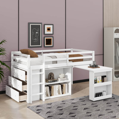 Lit mezzanine simple avec ensemble de tiroirs, tablette et bureau coulissant