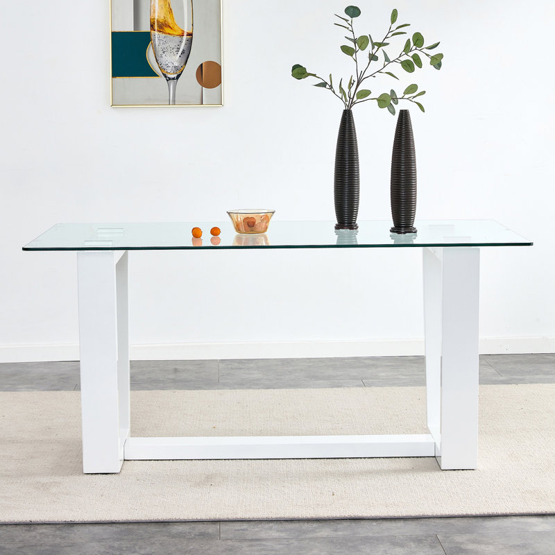 Grande table de salle à manger en verre rectangulaire moderne minimaliste pour 6 à 8 personnes avec support trapézoïdal en MDF de table en verre trempé de 0,4 po, pour la cuisine, le salon, la salle de réunion et la salle de banquet