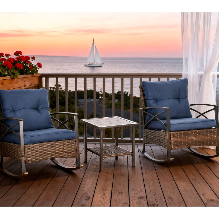 Ensemble à bascule, ensemble de conversation d'extérieur en osier avec chaises berçantes, table et coussins, Bleu très foncé