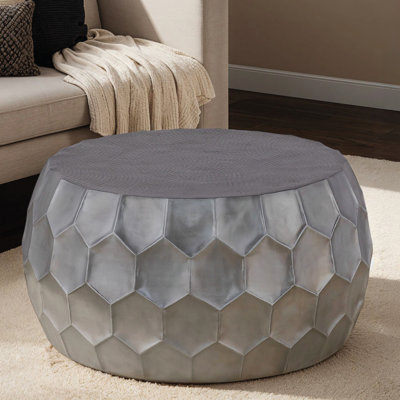Modern Contemporary Round Aluminum Coffee Table, Farmhouse Style with Glossy Diamond-Patterned Base