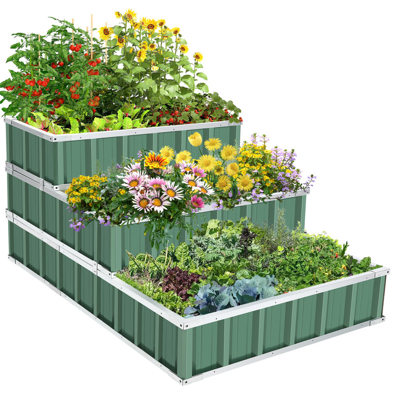 Boîte à fleurs surélevée à 3 niveaux pour lit de jardin surélevé en acier galvanisé, Vert